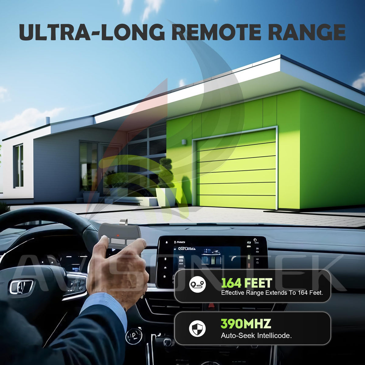 Avisontek Genie remote easy pairing with Genie and Overhead Door motors shown.