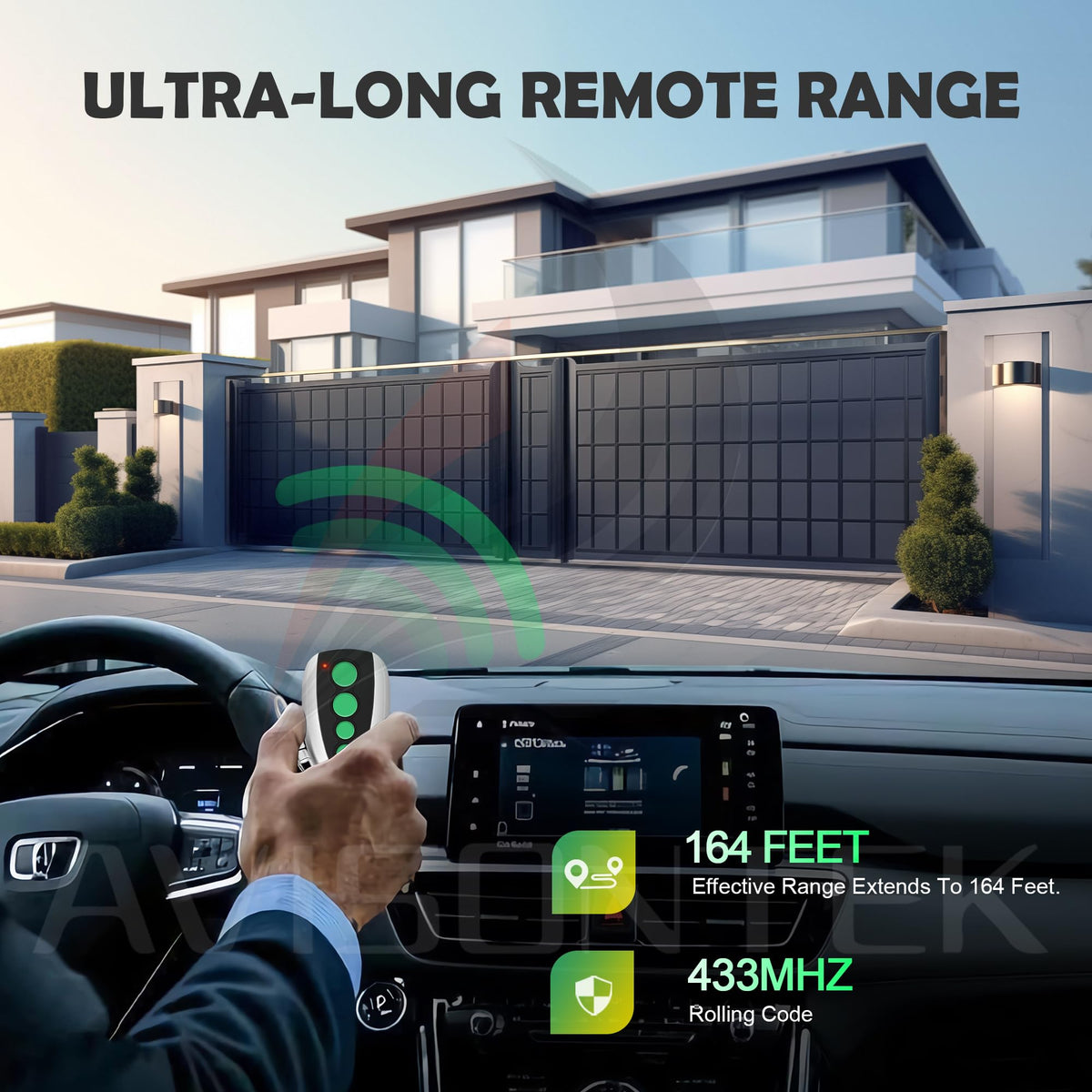 Avisontek remote pairing setup image demonstrating quick syncing with a garage opener.