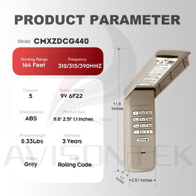 Battery image emphasizes 9V alkaline power for long-lasting operation.