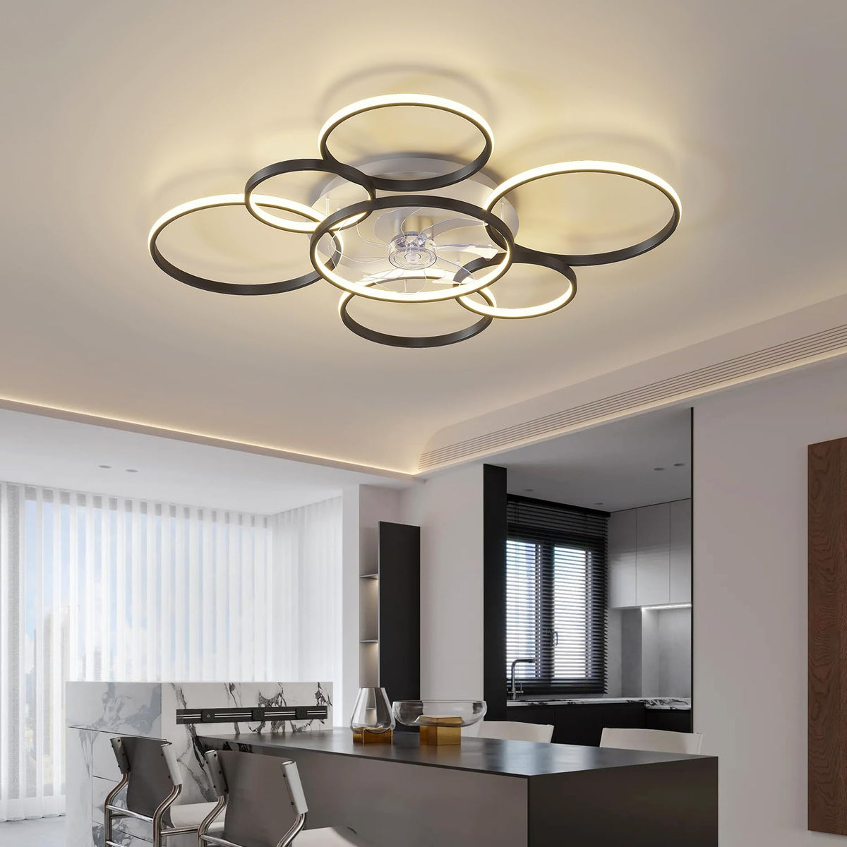 AVLRM flush mount ceiling fan shows customizable 3-color LED lighting for mood.