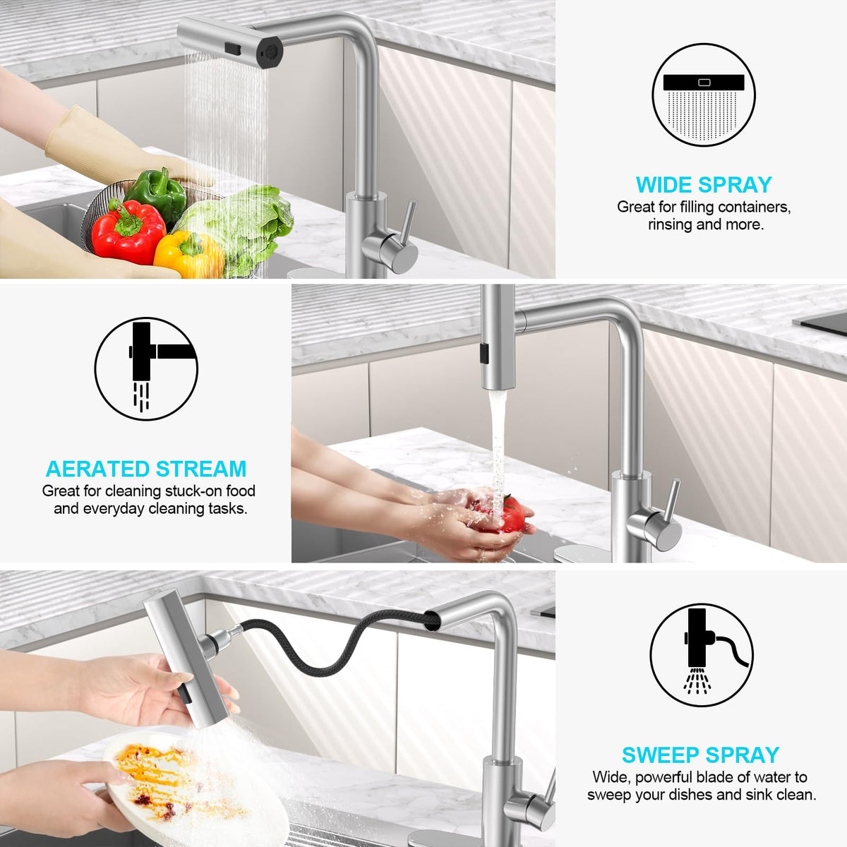 AVSIILE faucet showcases three spray modes for flexible cleaning.