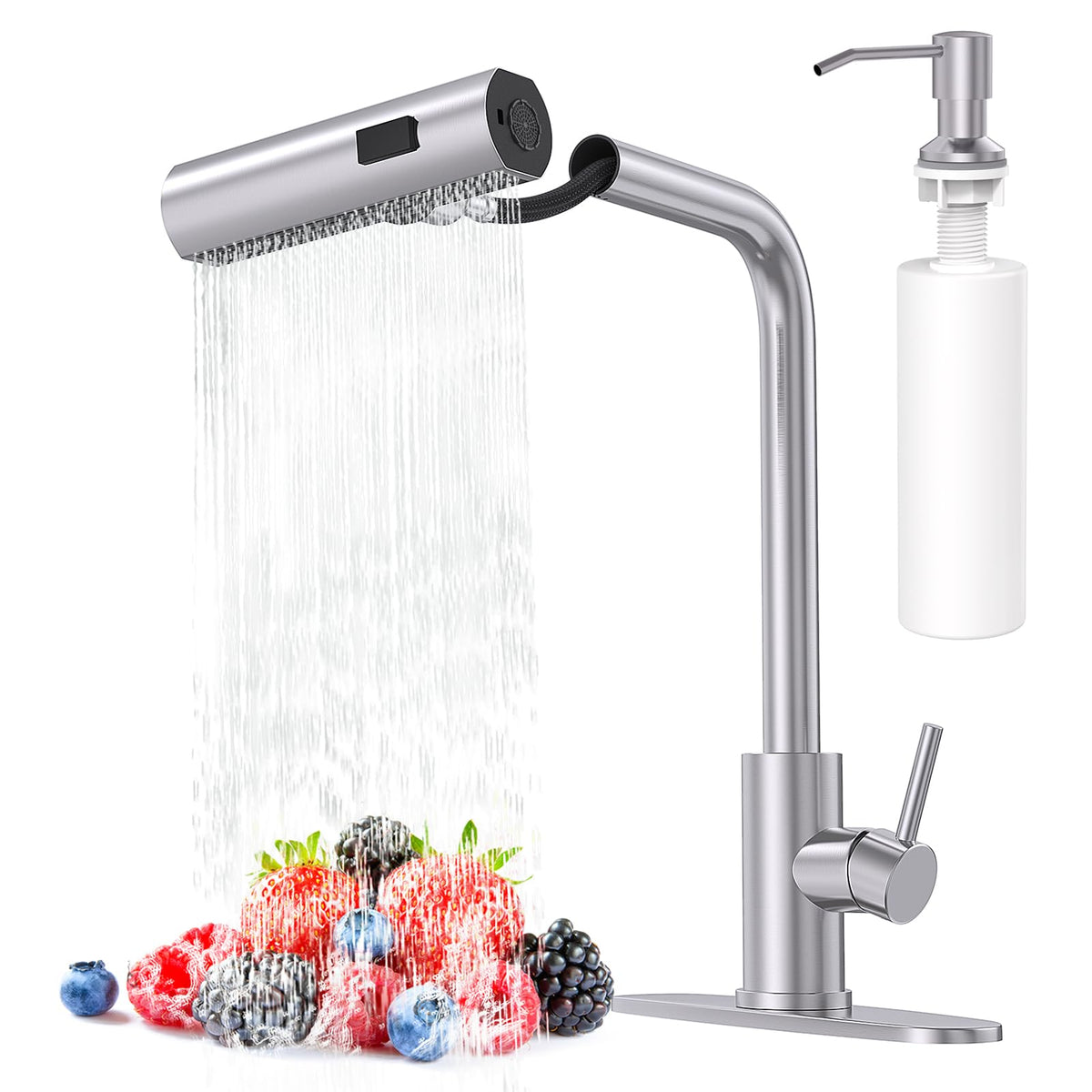 AVSIILE brushed nickel faucet with sprayer for easy dish rinsing.