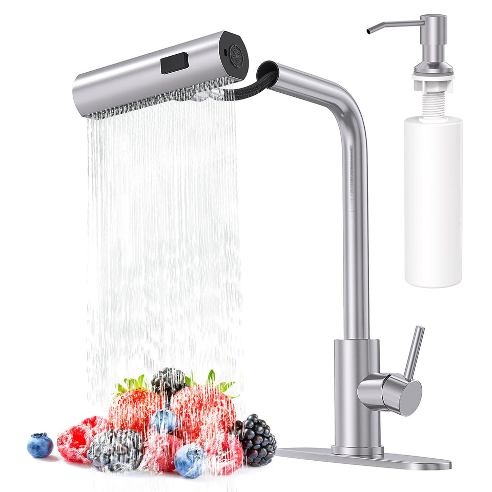 AVSIILE brushed nickel faucet with sprayer for easy dish rinsing.