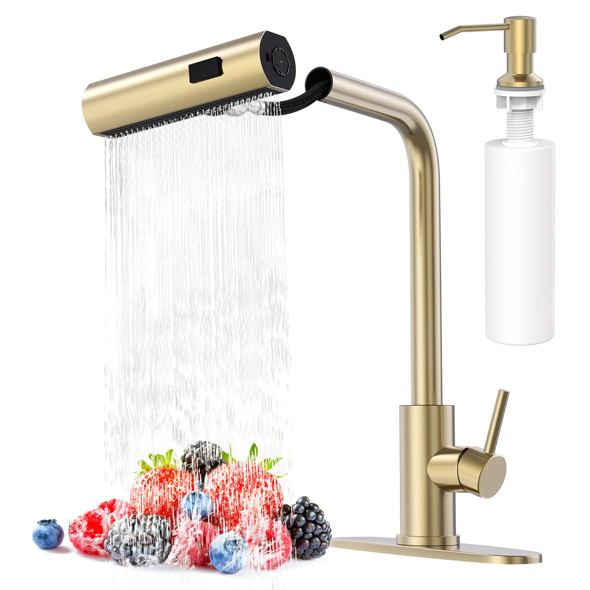 AVSIILE brushed gold waterfall faucet with a smooth wide-flow stream for easy rinsing