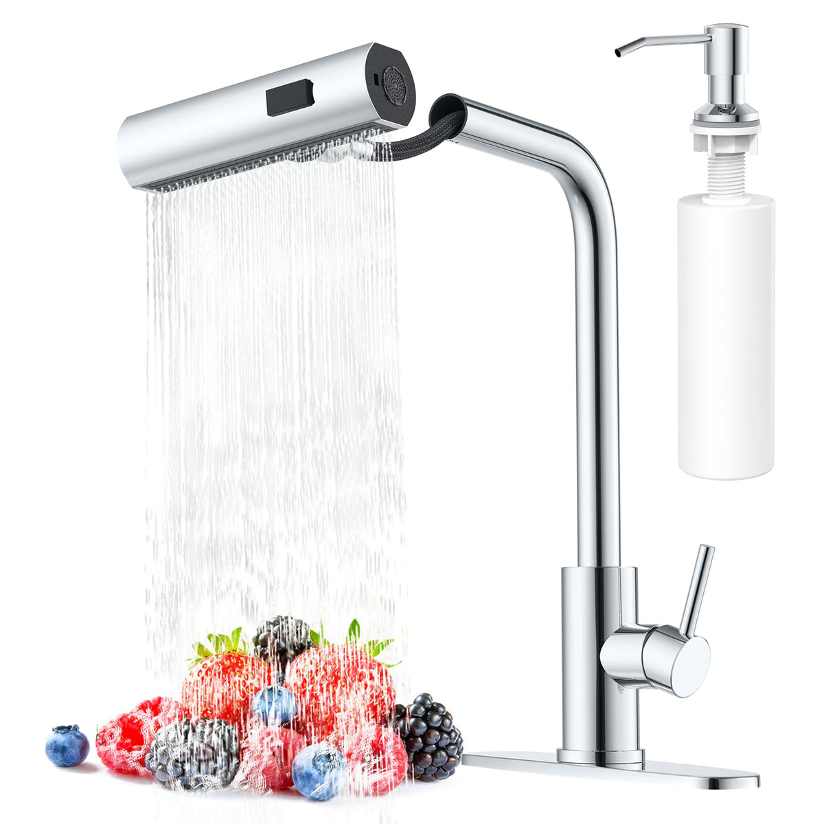 AVSIILE Waterfall faucet with pull-down sprayer enables efficient dish rinsing.