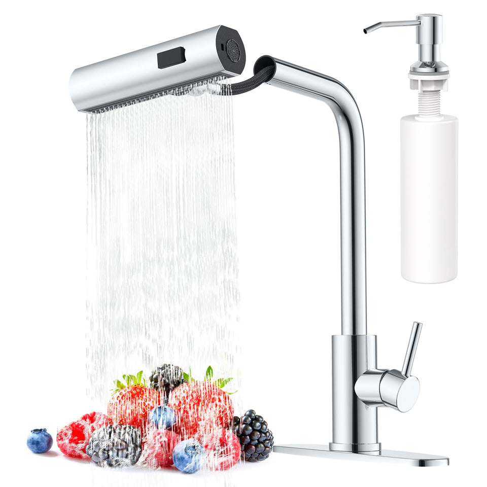 AVSIILE Waterfall faucet with pull-down sprayer enables efficient dish rinsing.