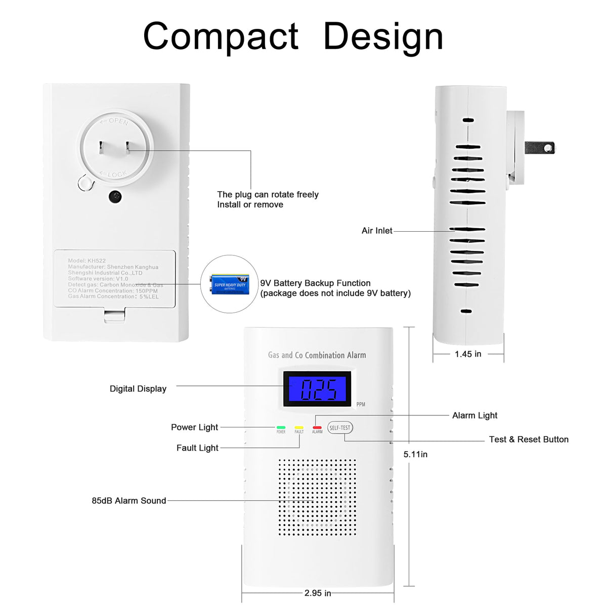 Awatin 2-pack detector back view showing mounting and plug-in access for easy installation.