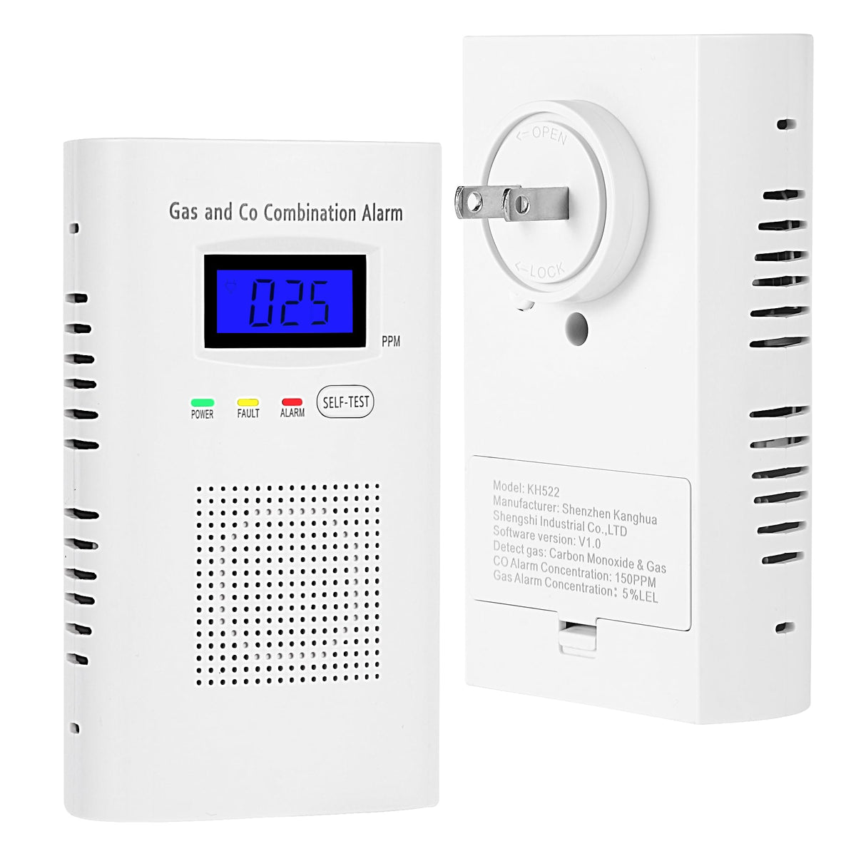 Awatin combination gas and CO detector front view showing two-in-one safety at a glance
