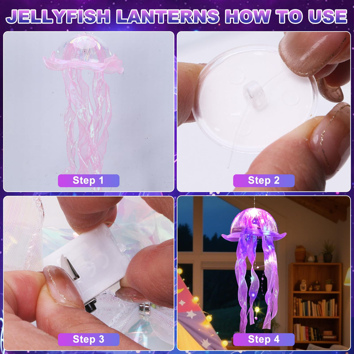 AWATIN Jellyfish decor LED lanterns showcase shimmering ribbons in close view.