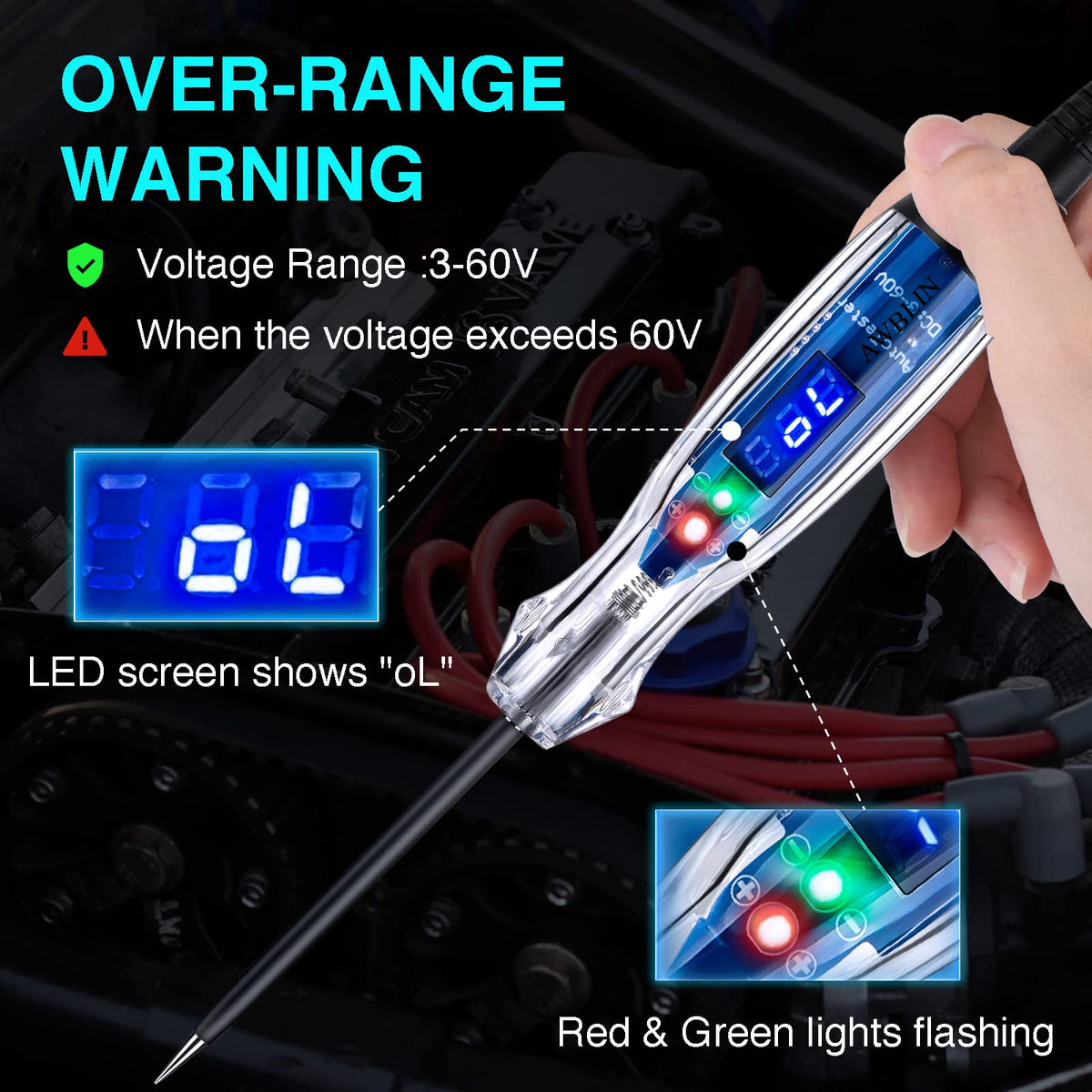 AWBLIN 60V DC tester handles diverse vehicle circuits safely.