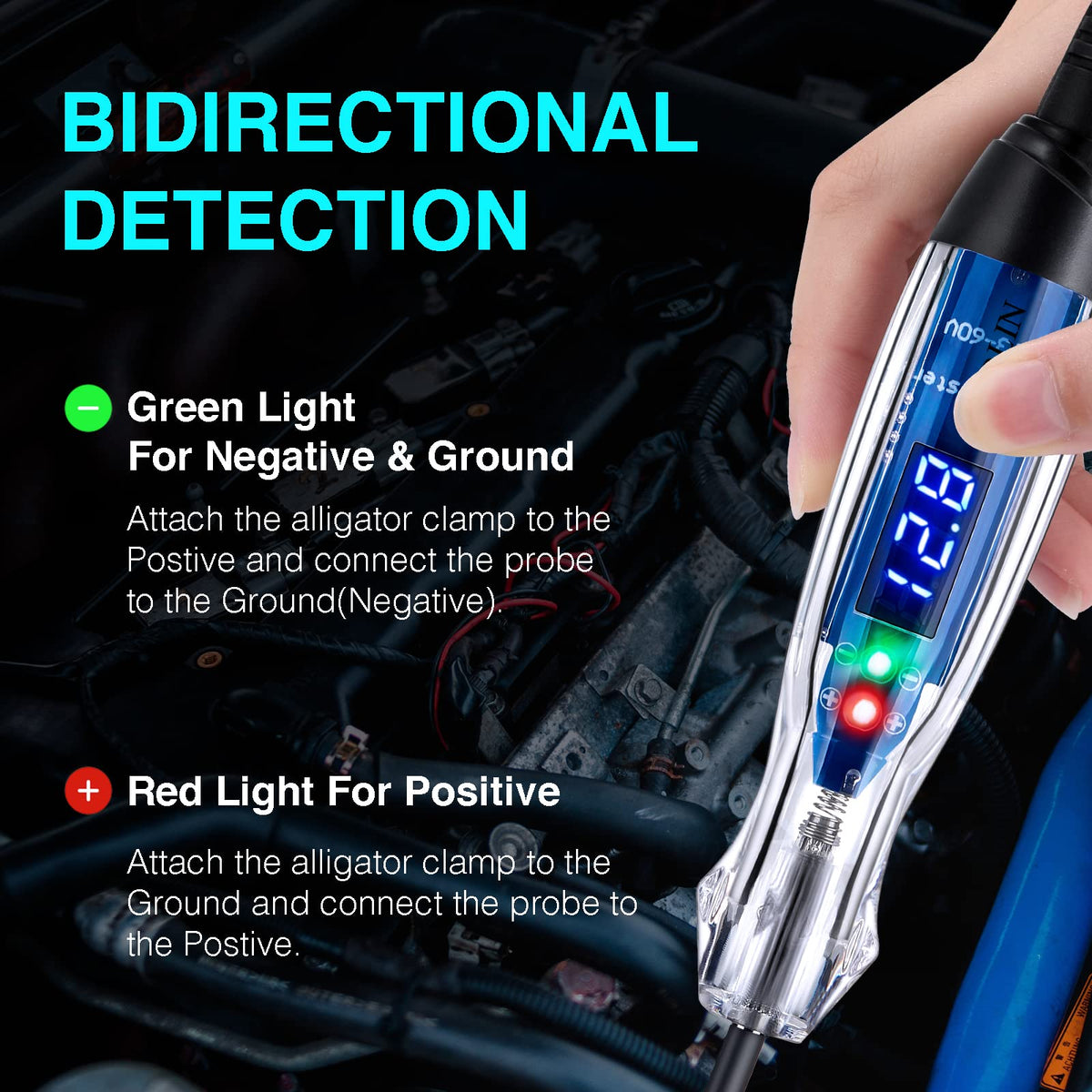 AWBLIN LED polarity indicator shows red for positive, green for negative.