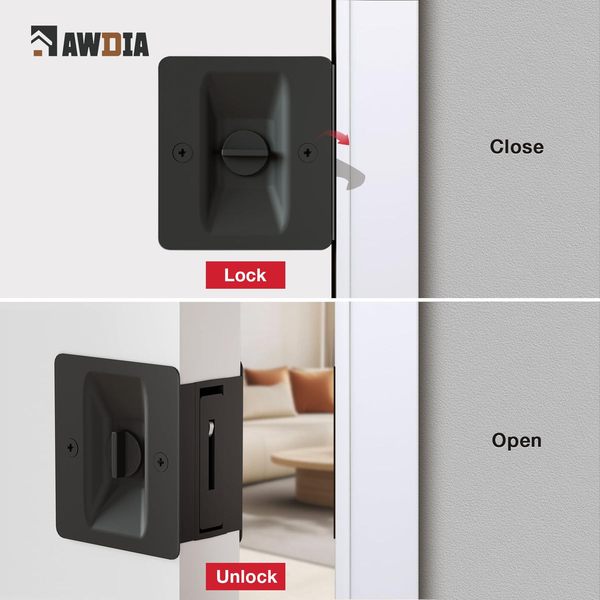 AWDIA pocket door lock latch assembly ensures smooth operation.