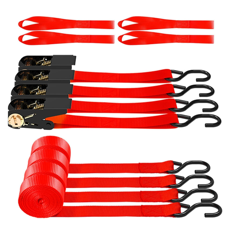 AWELCRAFT four-pack ratchet straps ready for secure cargo.