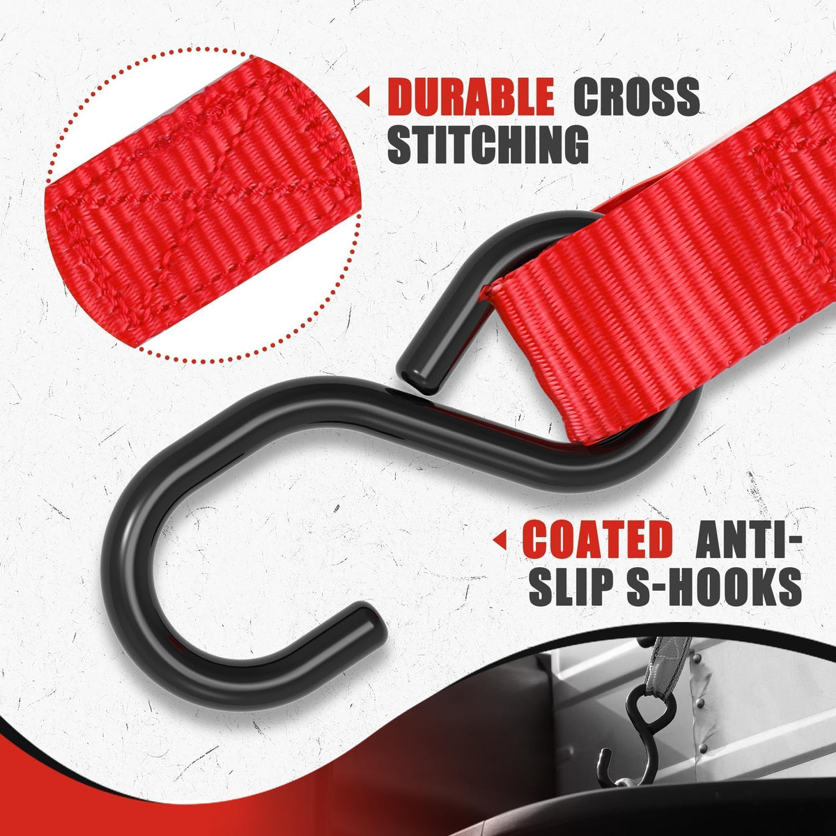 AWELCRAFT S-hooks and soft loops protect surfaces during securing.