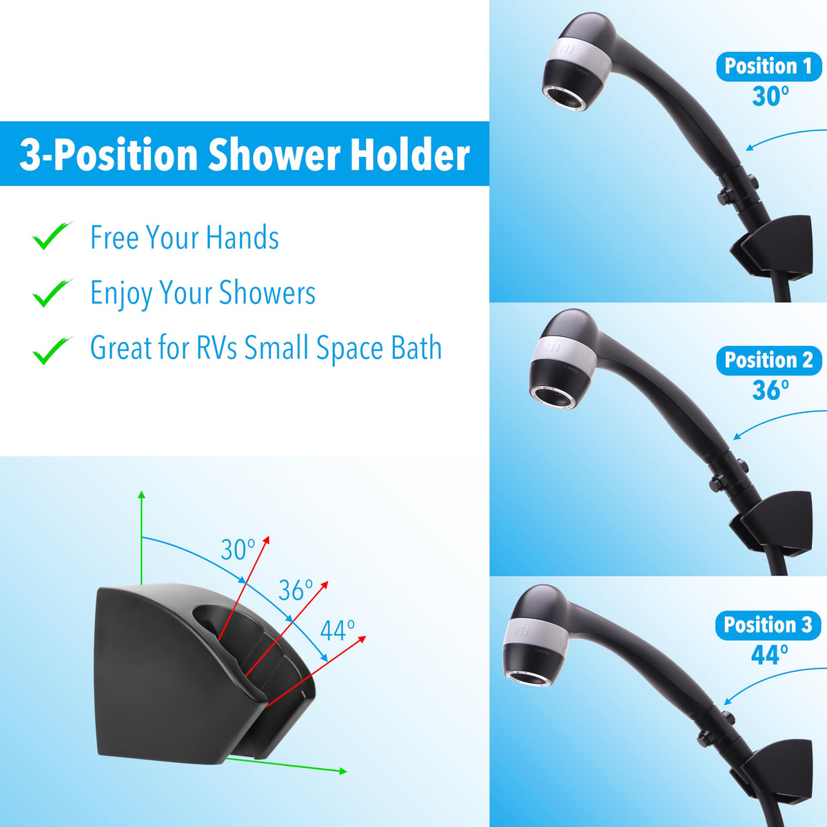 Awelife 3-position shower head holder keeps head ready in small spaces