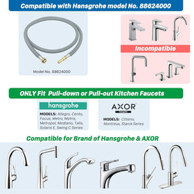 Awelife compatibility visuals showing Hansgrohe and AXOR models supported by the hose.