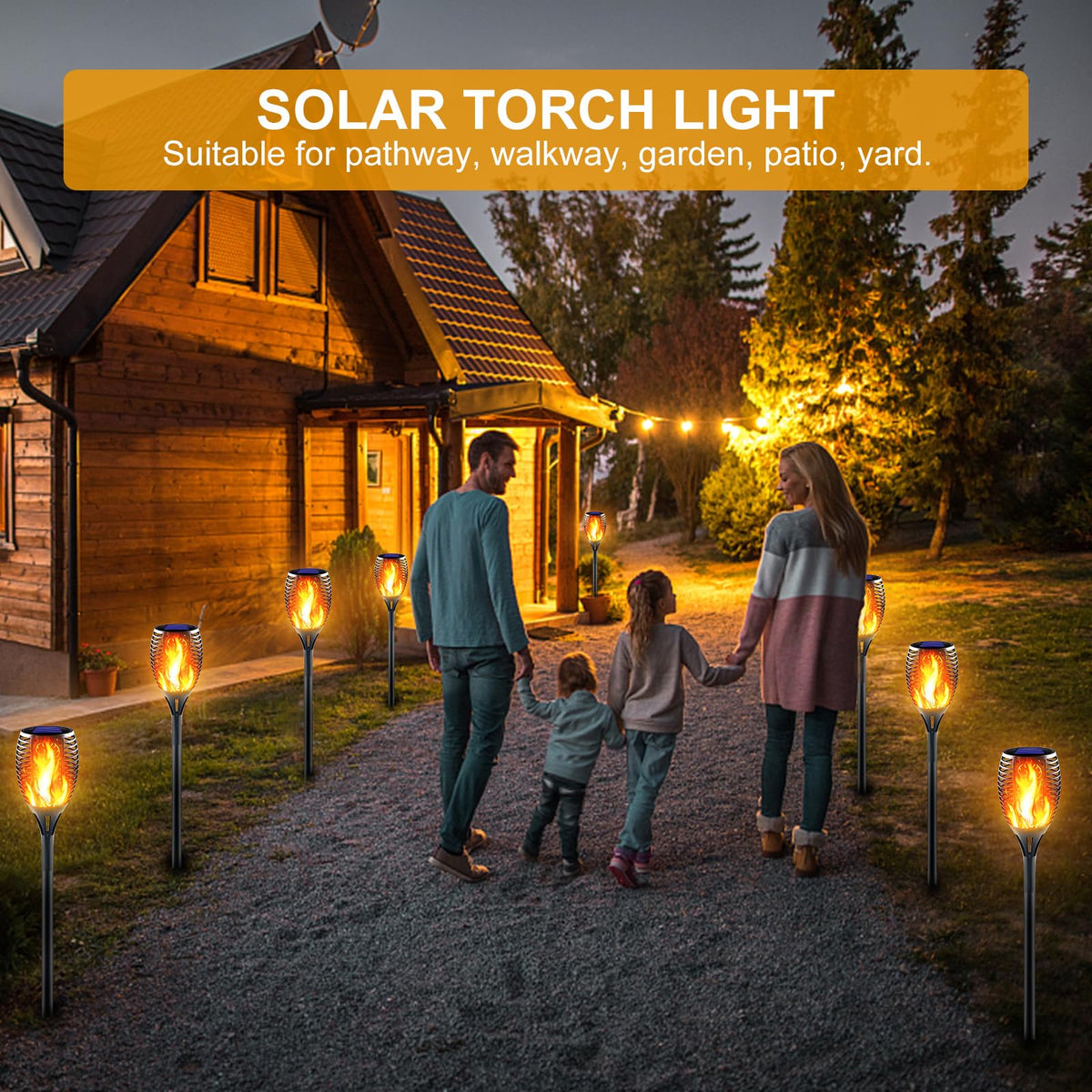 Awethone solar tiki torch showing auto on/off at dusk for easy lighting