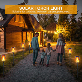 Awethone solar tiki torch showing auto on/off at dusk for easy lighting