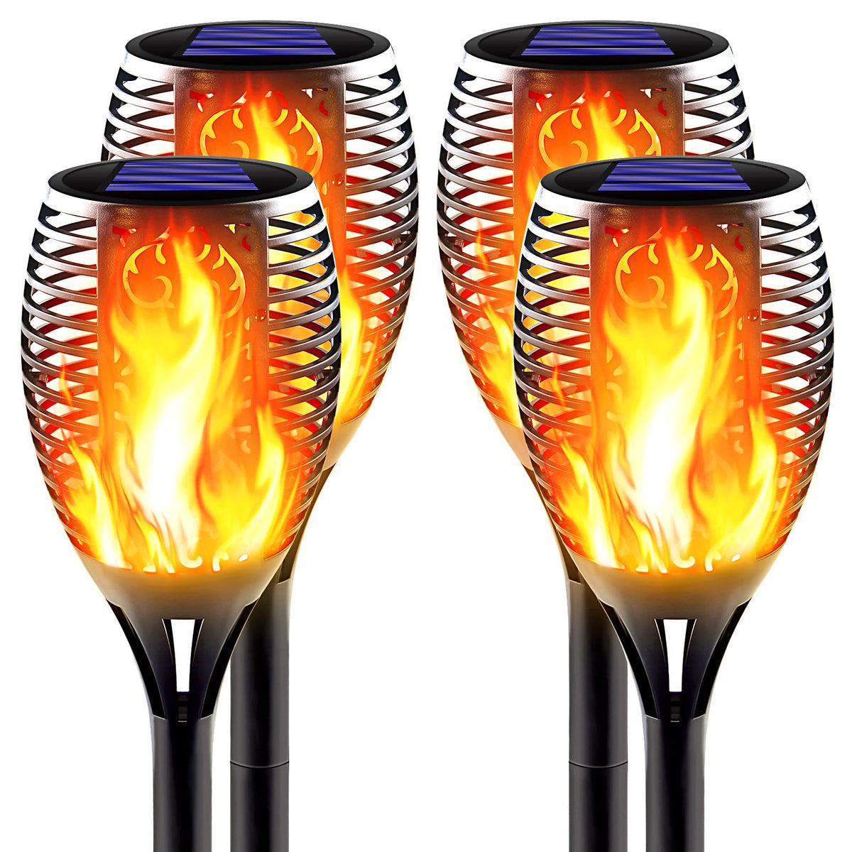 Awethone solar tiki torch close-up showing flickering flame for outdoor ambiance