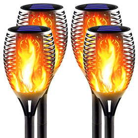 Awethone solar tiki torch close-up showing flickering flame for outdoor ambiance