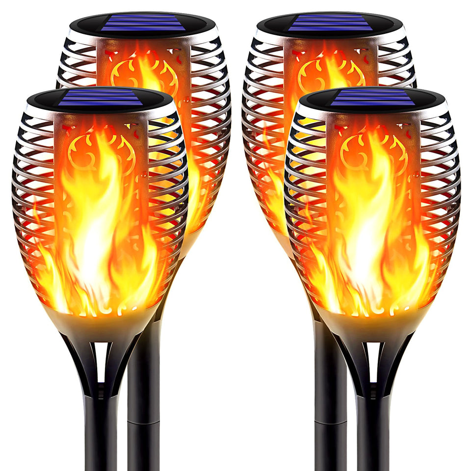 Awethone solar tiki torch close-up showing flickering flame for outdoor ambiance