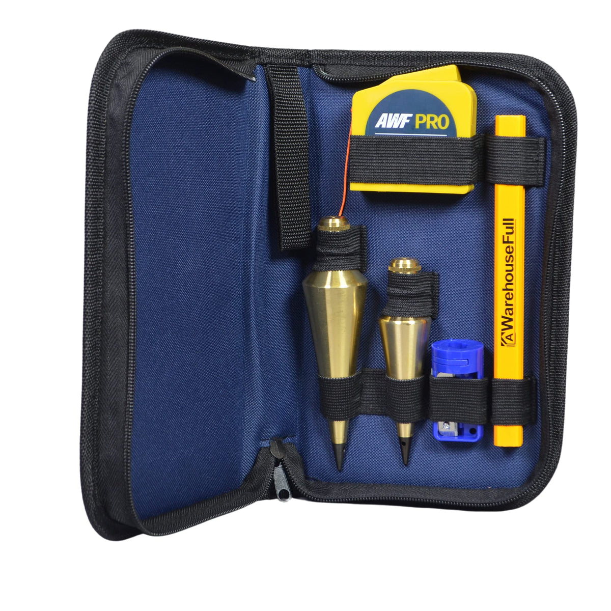 AWF PRO brass plumb bobs (16 oz and 8 oz) for precise vertical alignment.