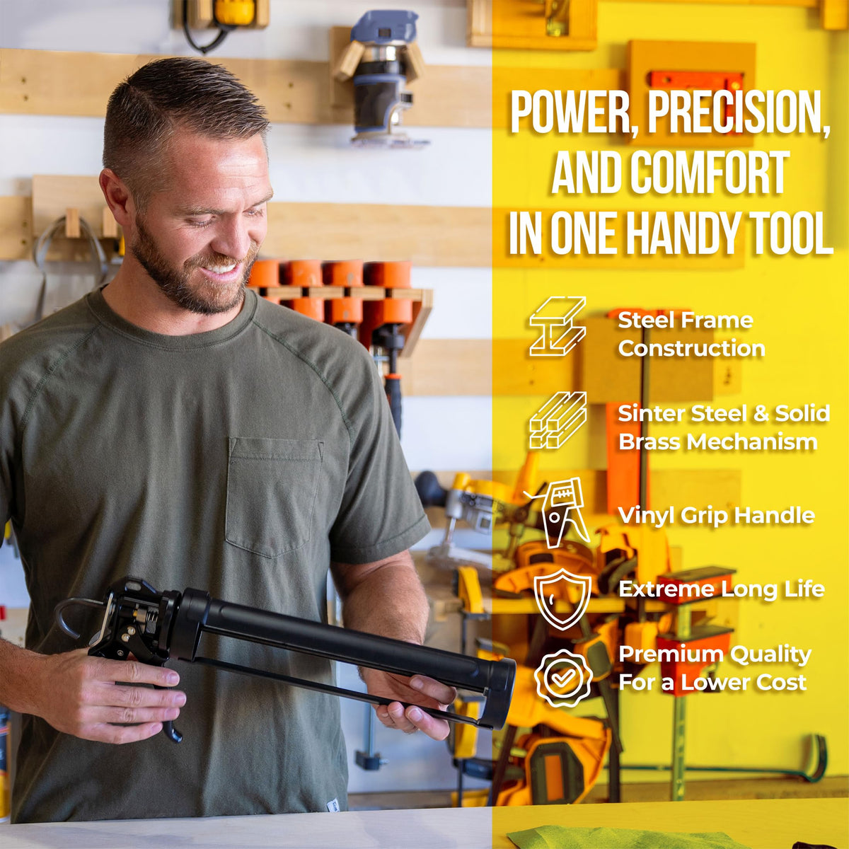 AWF PRO caulk gun with rotating barrel enables reach around corners and curves.