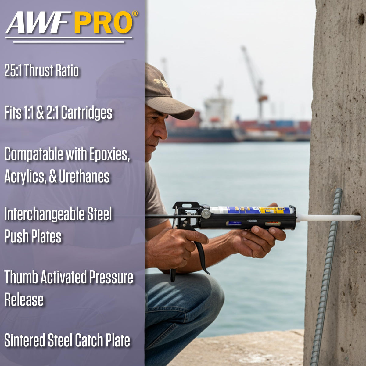 AWF PRO epoxy gun showing flow-control for cleaner pours