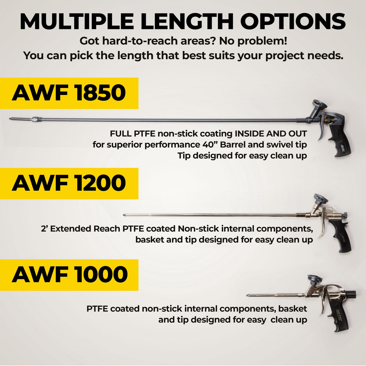 AWF PRO ergonomic gun with a smooth-pull trigger to reduce hand fatigue.