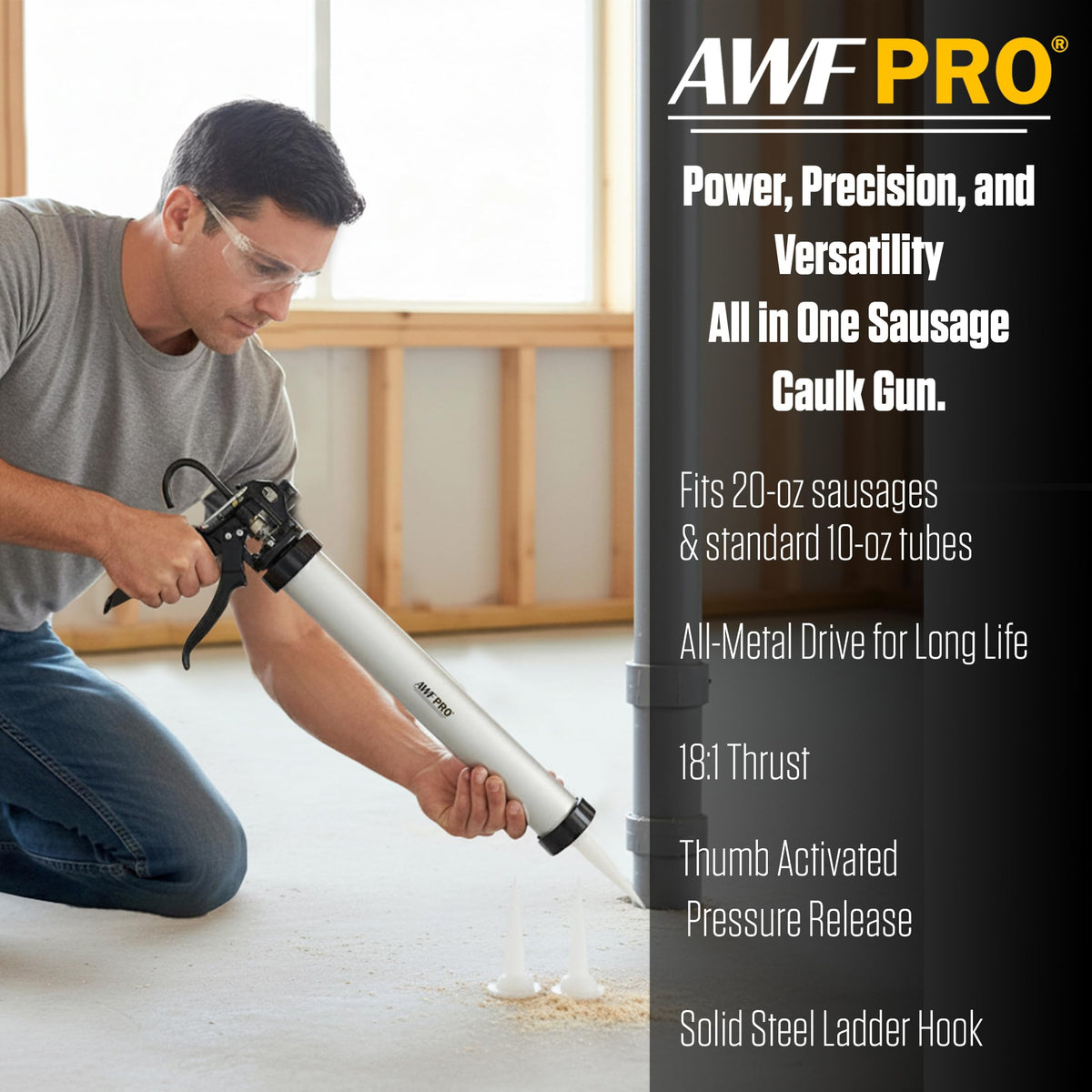 AWF PRO sausage caulking gun switches between 10 oz cartridges and sausage packs for rapid format changes.
