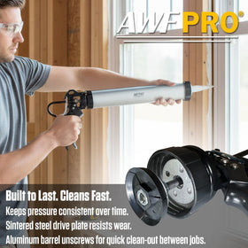 AWF PRO sausage caulking gun highlights 18:1 thrust for steady, controlled bead application.