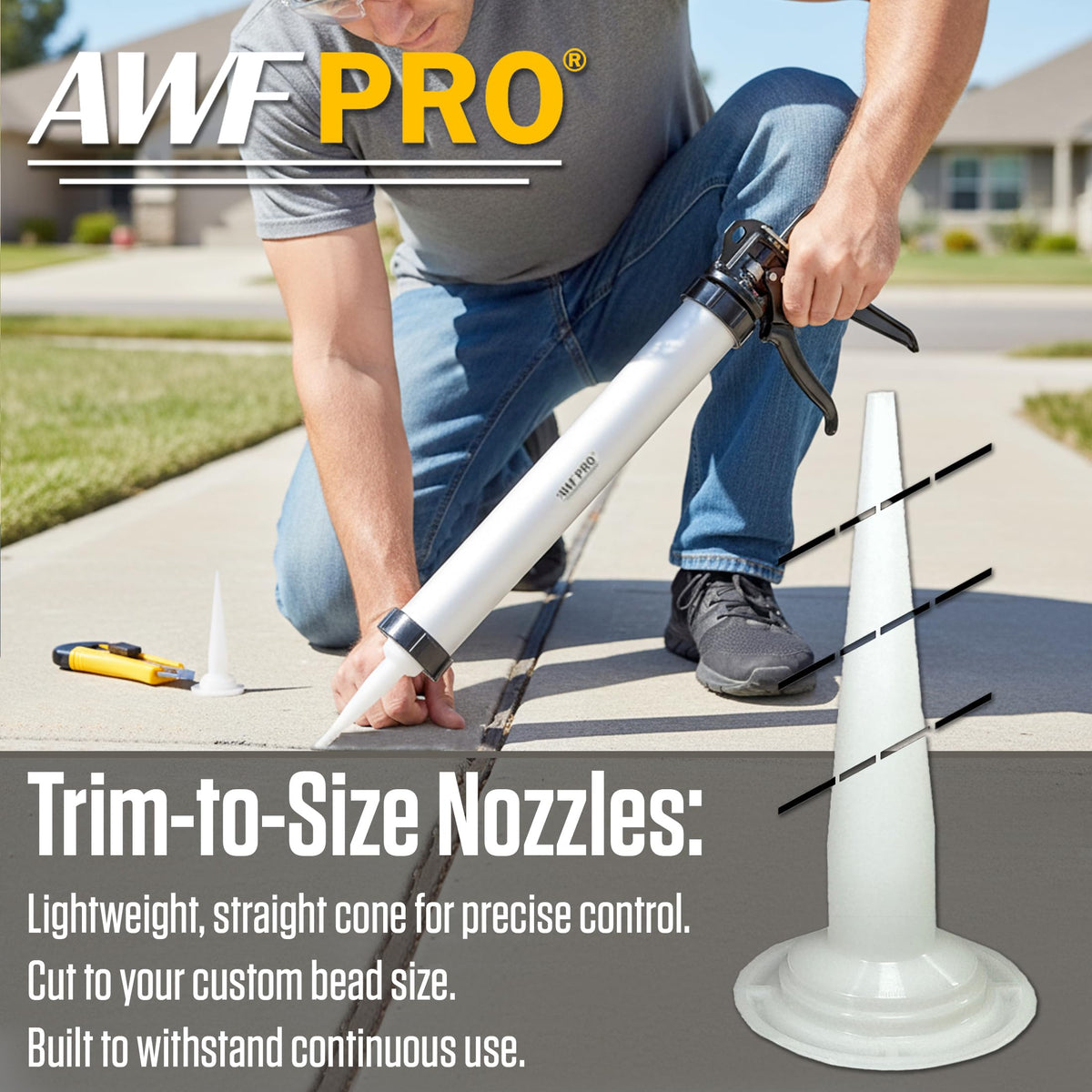 AWF PRO sausage caulking gun includes three replaceable nozzles for continuous productivity.