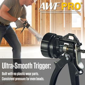 AWF PRO sausage caulking gun shows a durable aluminum barrel with rugged construction.
