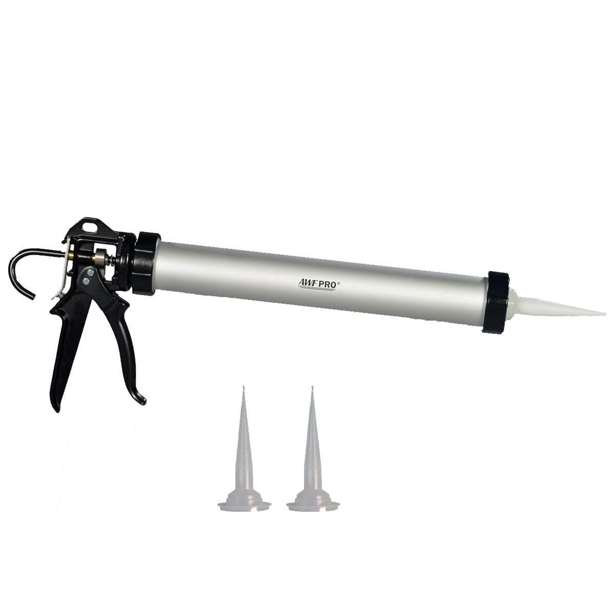 AWF PRO sausage caulking gun demonstrates foil-pack to cartridge conversion for versatile use.