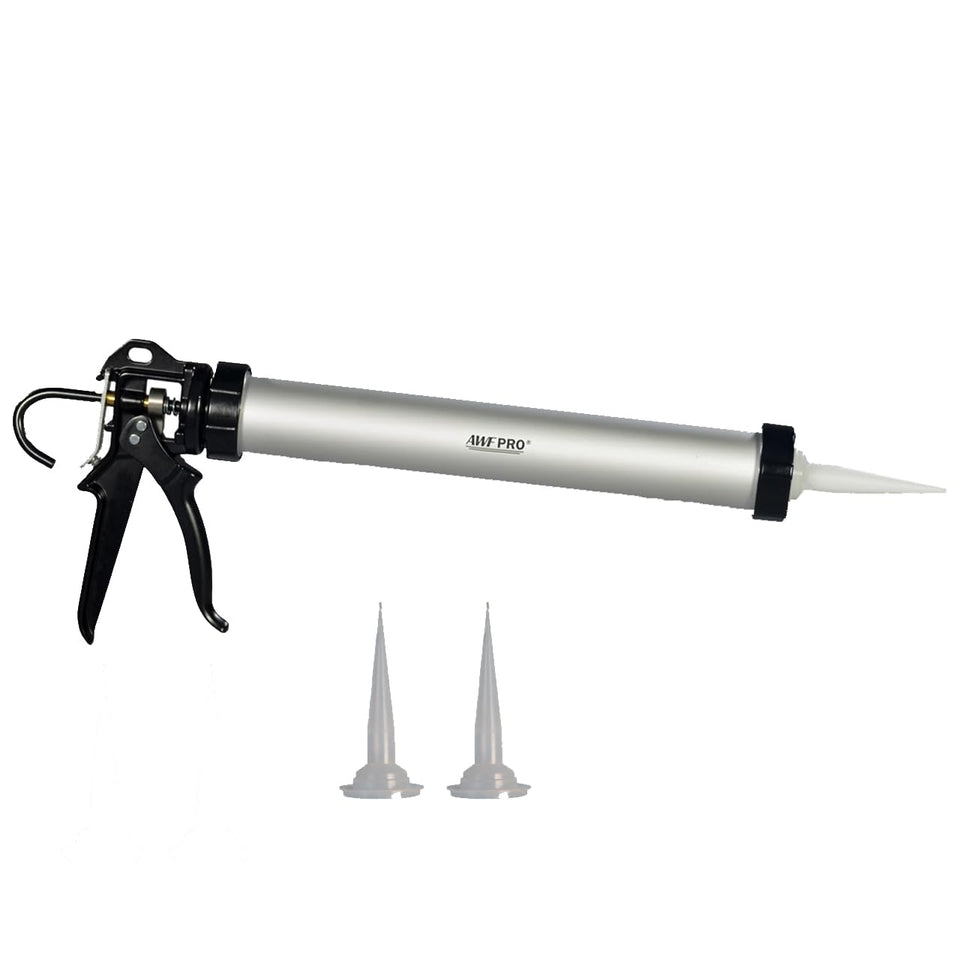 AWF PRO sausage caulking gun demonstrates foil-pack to cartridge conversion for versatile use.