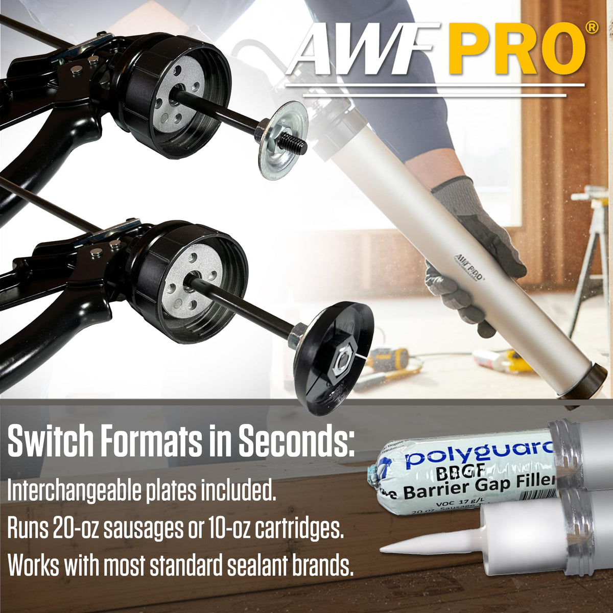 AWF PRO sausage caulking gun features an instant pressure release tab to minimize waste.