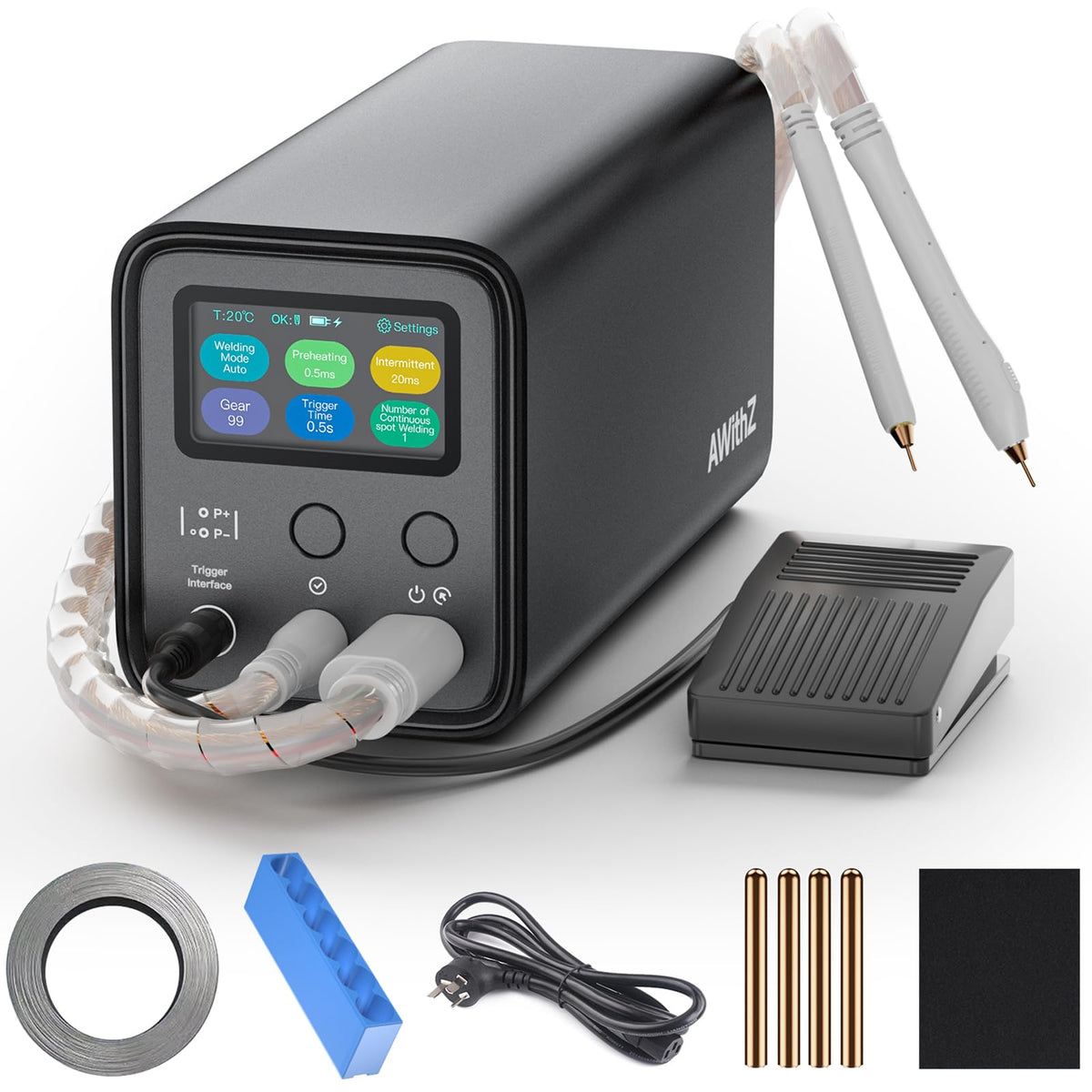 AWithZ UF20B front view spot welder showing compact aluminum body for safe handling