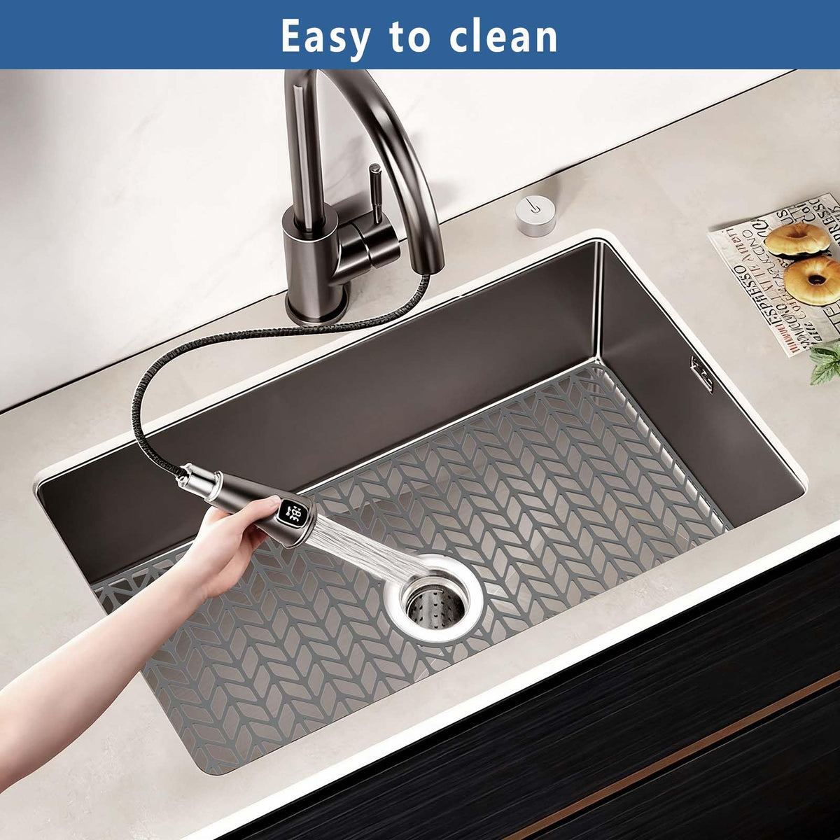 AWOKE heat-resistant mat withstands up to 450°F, letting hot pots sit safely in the sink.