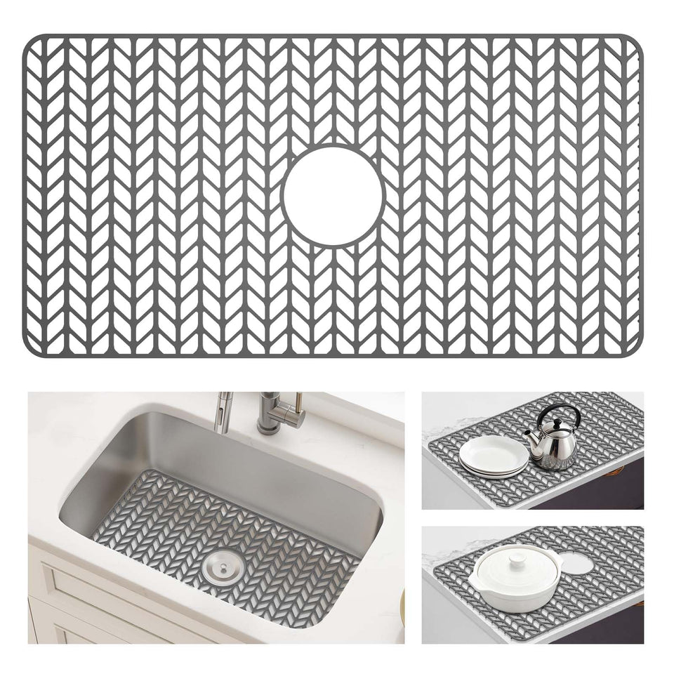AWOKE large silicone sink protector with center drain hole protects large sinks while promoting fast drainage.