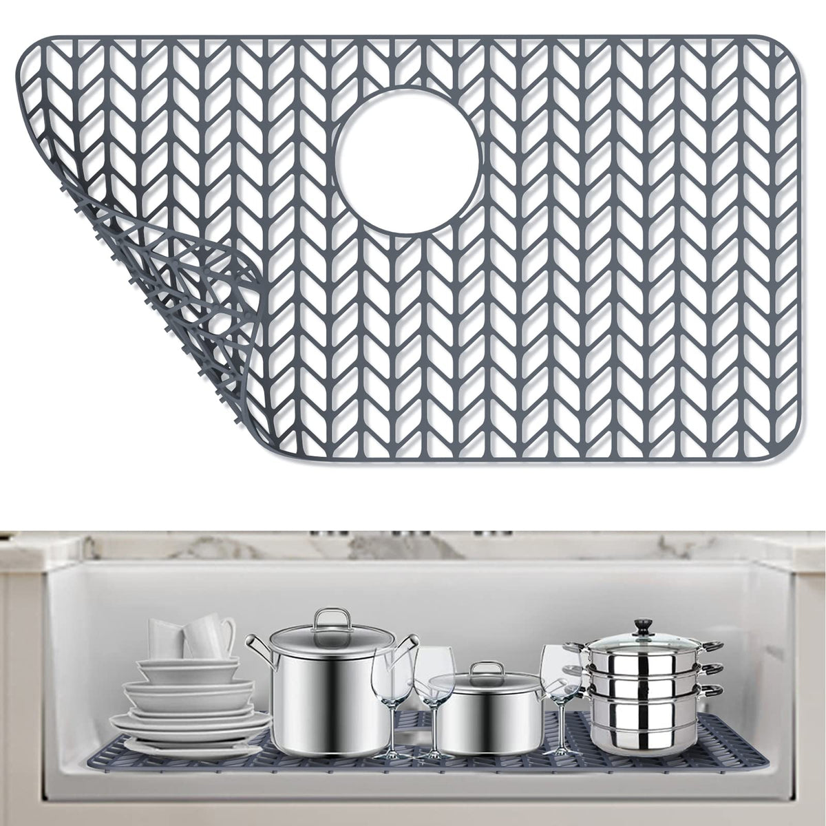 AWOKE silicone sink protector 26x14 on grey sink bottom protects against scratches
