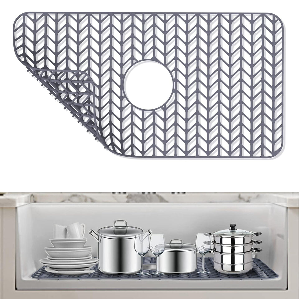 AWOKE Sink Protector mat in grey with center drain protecting sink surface