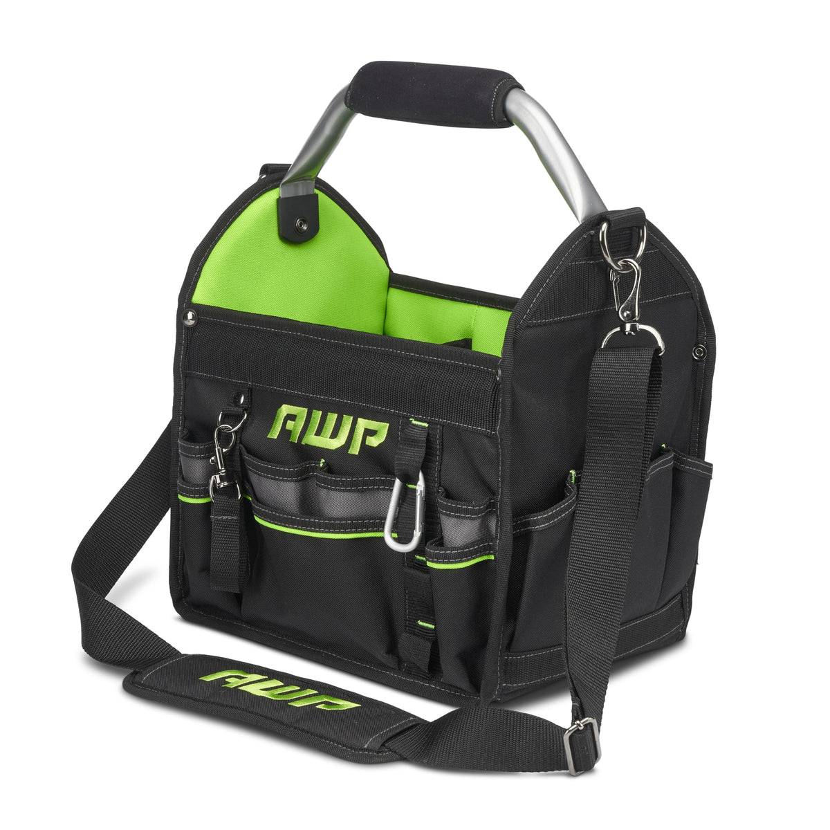 AWP 12-Inch Pro Tool Tote with rotating handle for quick tool access on site