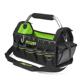 AWP 18 inch tool tote bag front view with exterior pockets for quick access