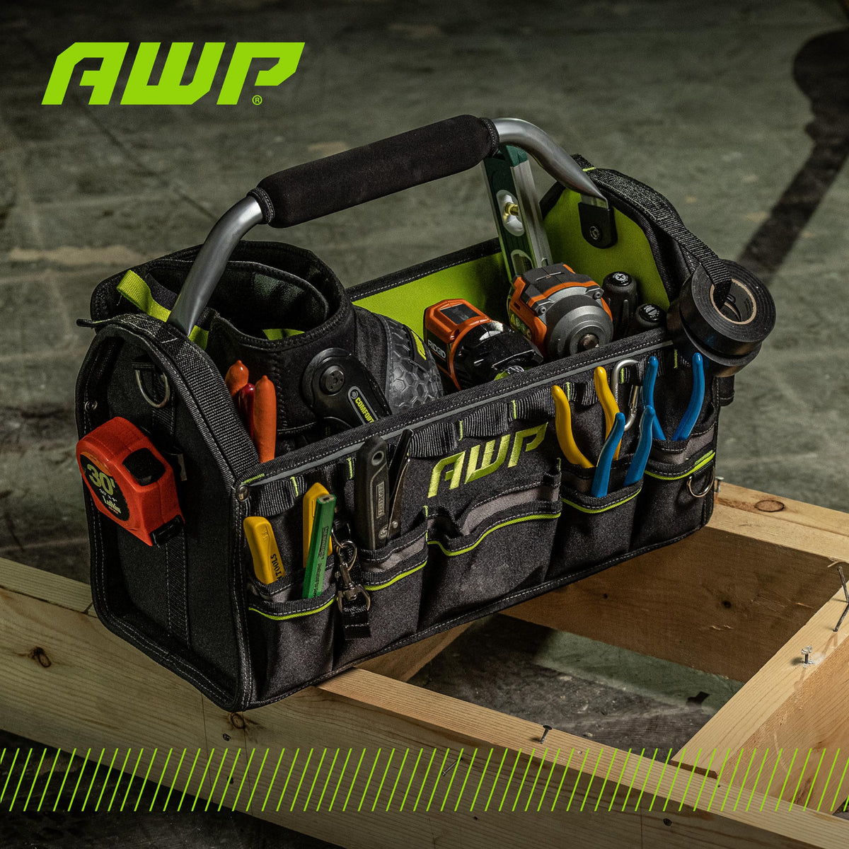 AWP 18 inch tool tote bag side pocket usage showing interior compartments for organized tools