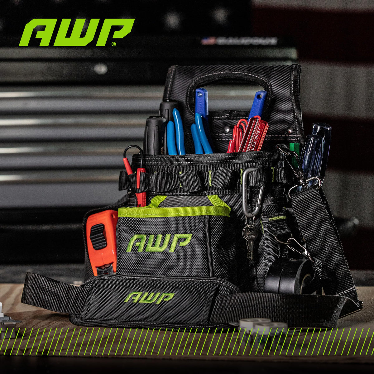 AWP Black and green tool pouch adds rugged style to professional trades.