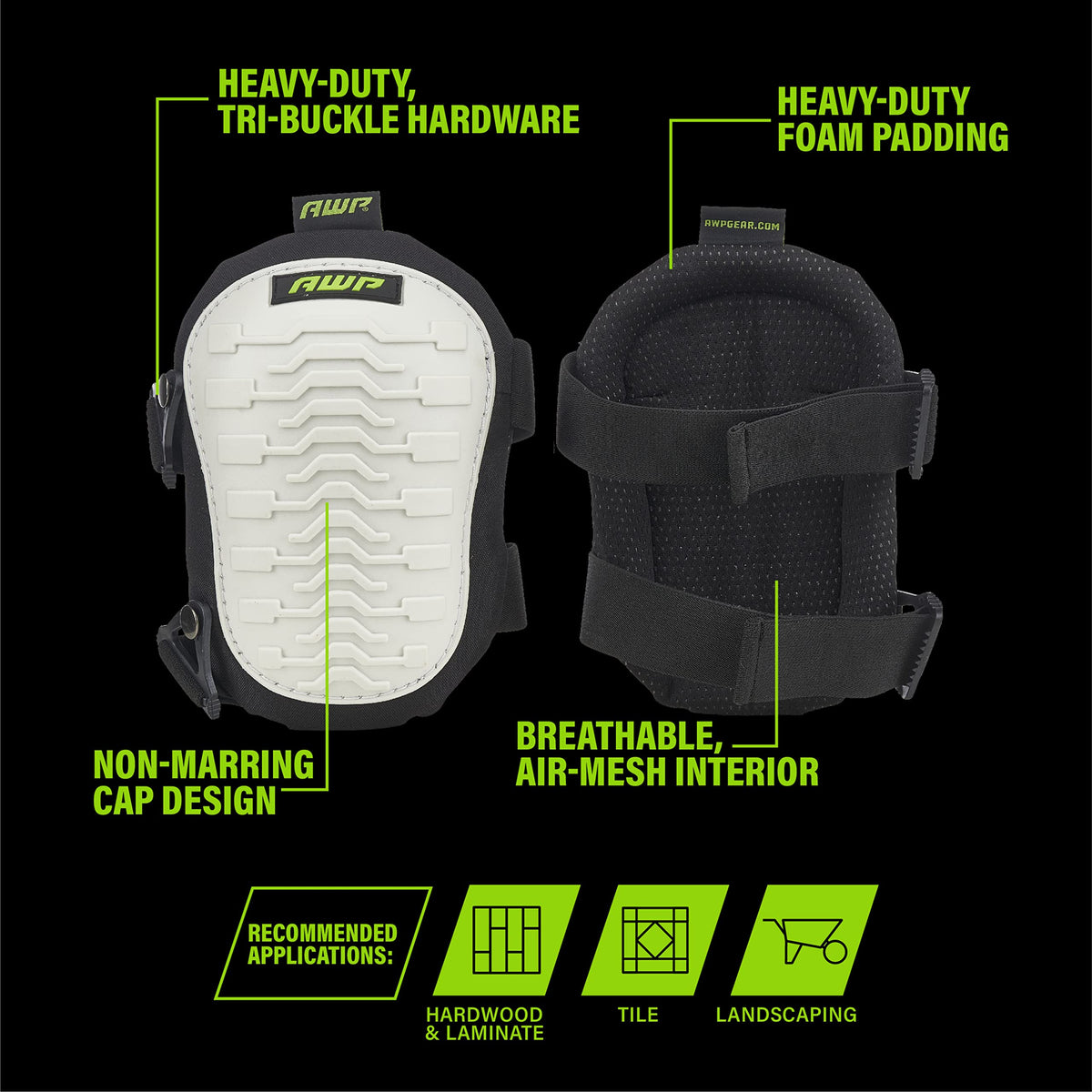 AWP knee pads with tri-buckle system for quick, secure fit.