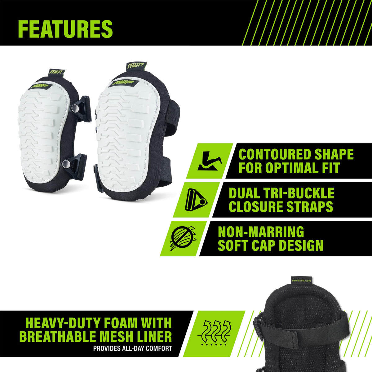 AWP knee pads featuring breathable air-mesh interior to prevent overheating.