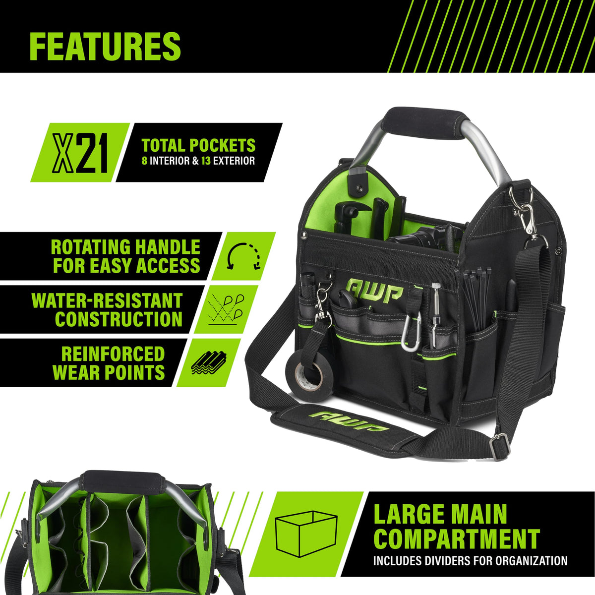 AWP Pro Tool Tote shows water-resistant construction in rugged use