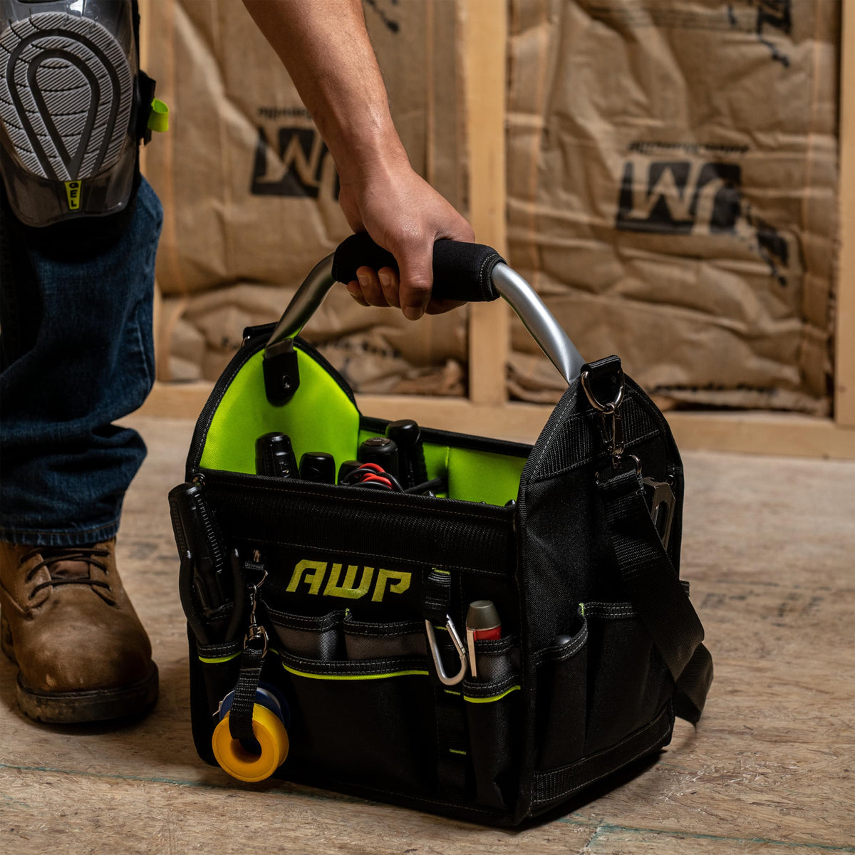 AWP tote with carabiner and padded shoulder strap for versatile carry