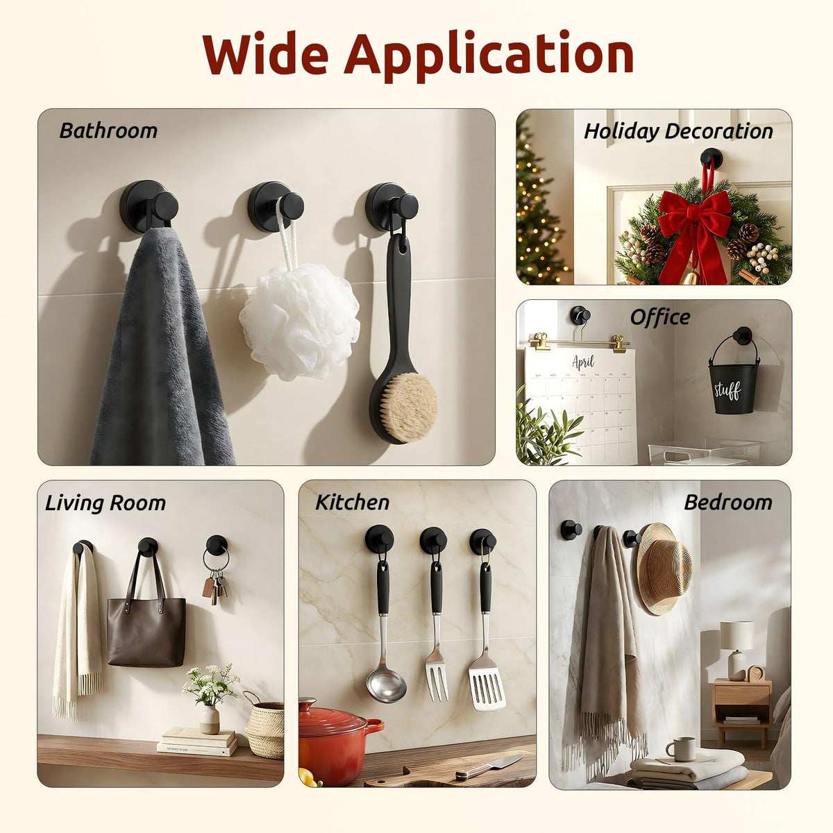 Awrose sleek suction hook blends with bathroom or kitchen.